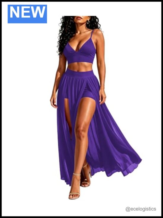 Dresses & Skirts - Women's 2 Piece Skirt Set High Slit Backless Crop Top Chiffon